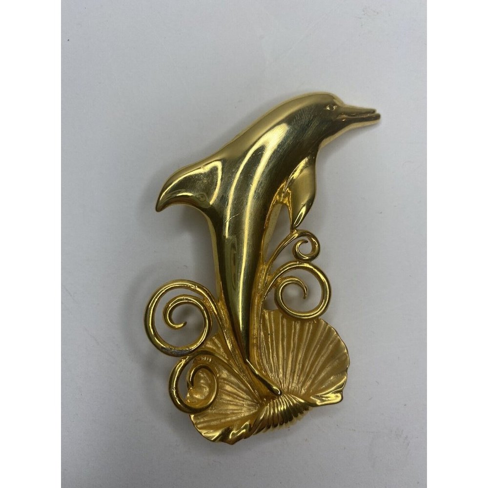 JJ Dolphin Pin Brooch Jewelry Gold JUmping Dolphin 3" J&J